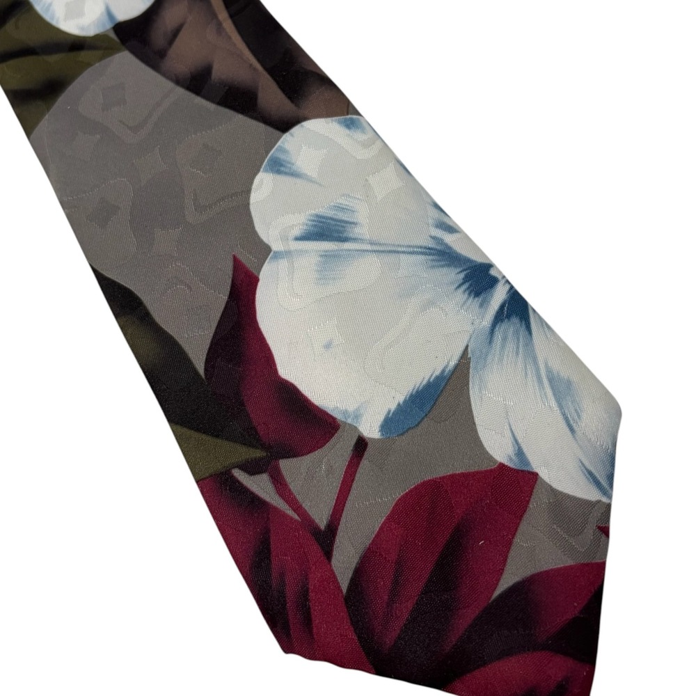 Vintage Don Loper Beverly Hills Floral Neck Tie USA Gray Burgundy Polyester